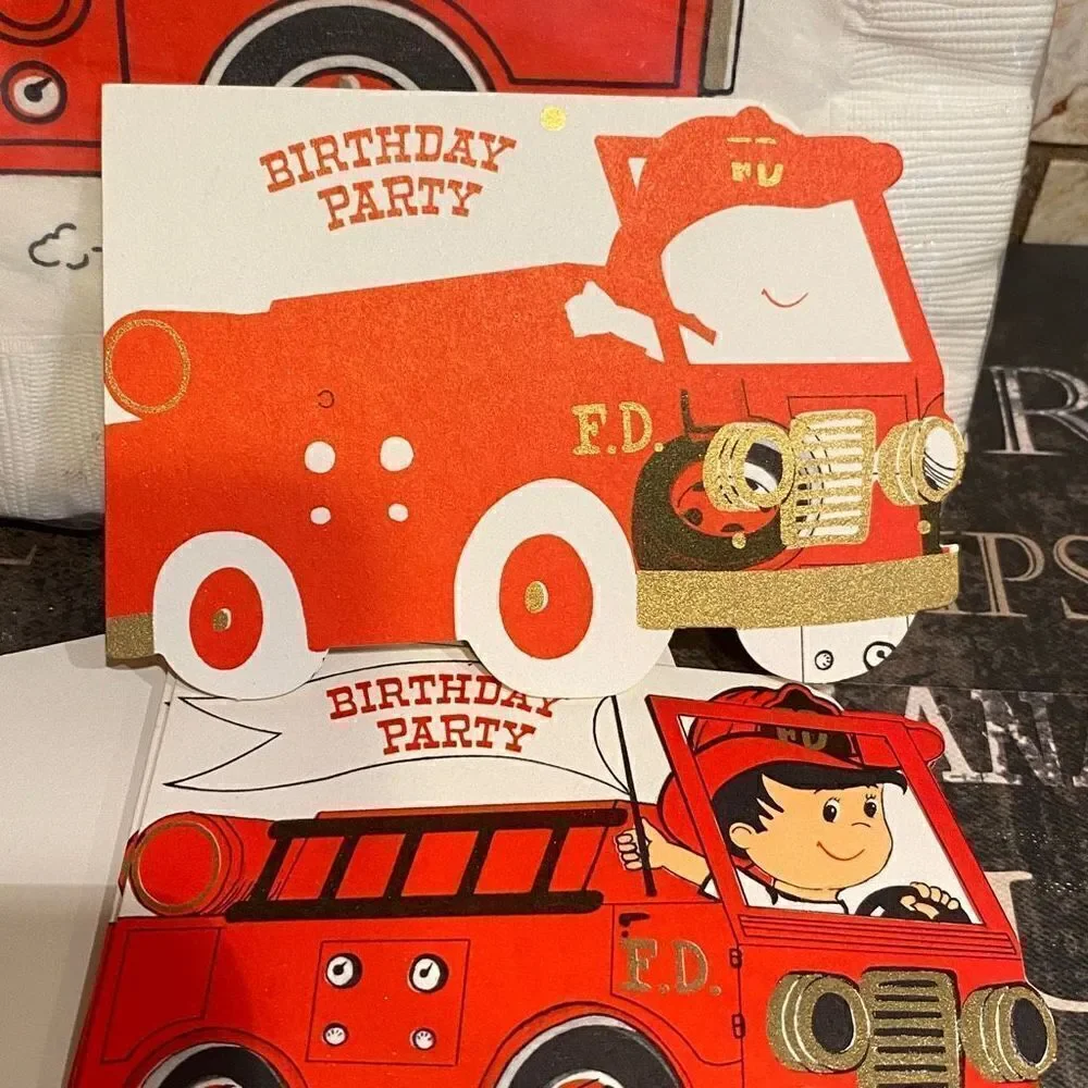 Vintage Firetruck Birthday Invitations and Napkins